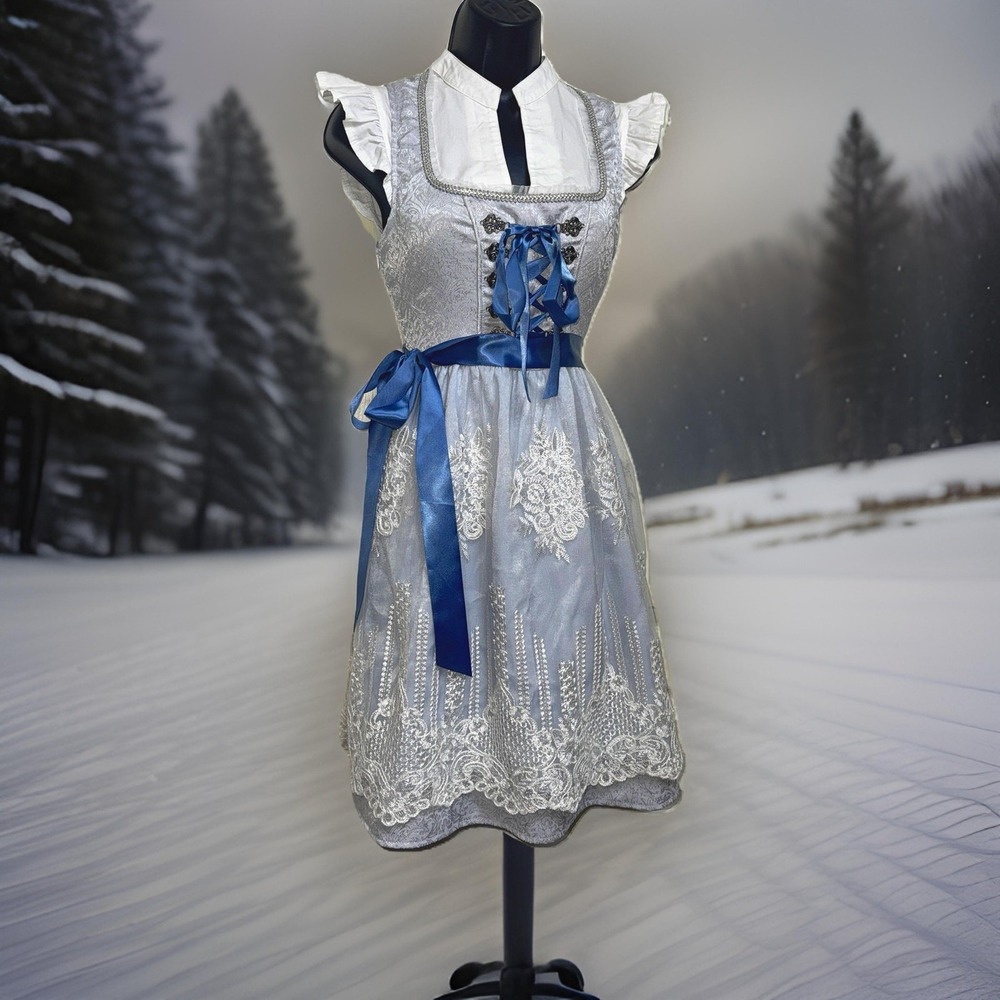 New Medium Oktoberfest Powder Blue Lace‎ Dirndl Dress Bavarian German Trachten